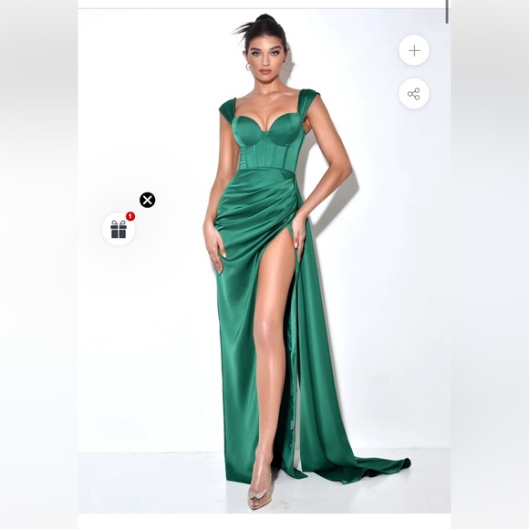Green High Slit Corset Satin Gown - Picture 2 of 6